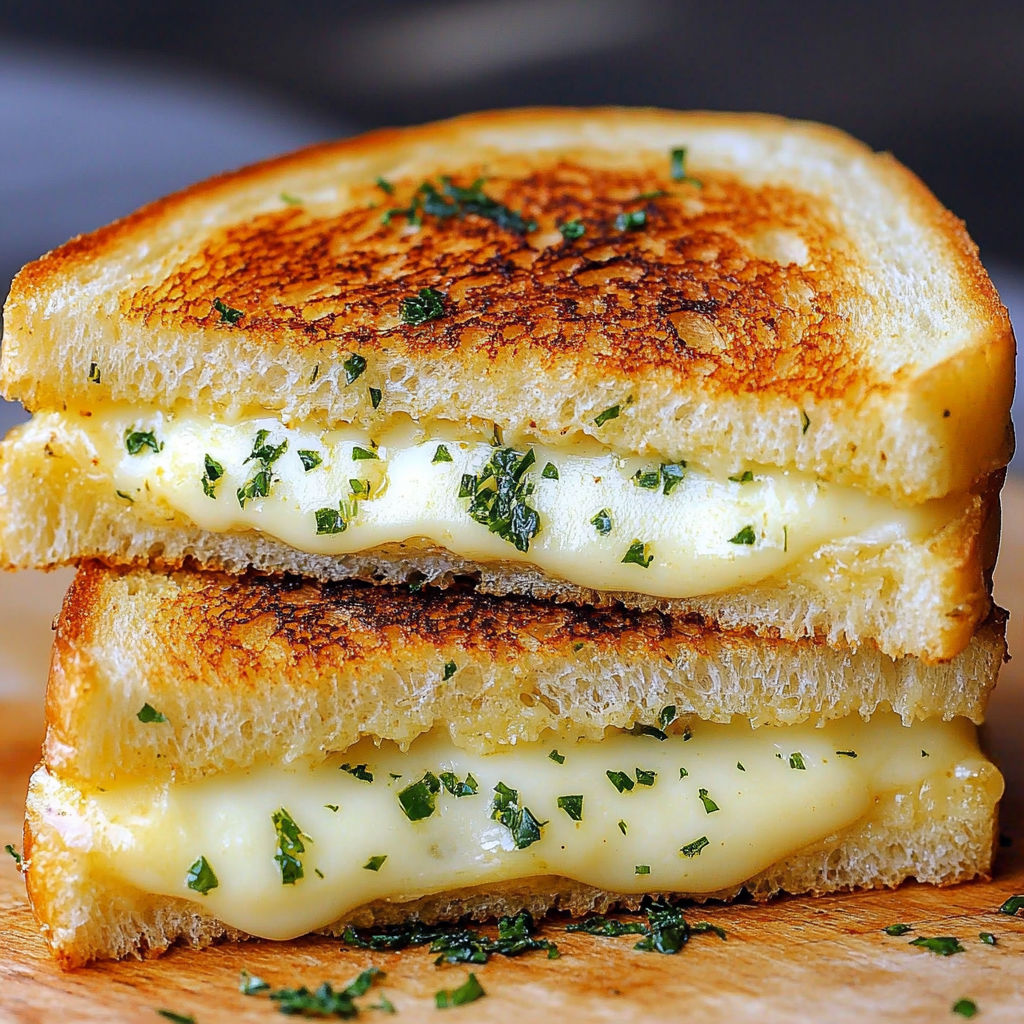 A grilled cheese sandwich with garlic bread.