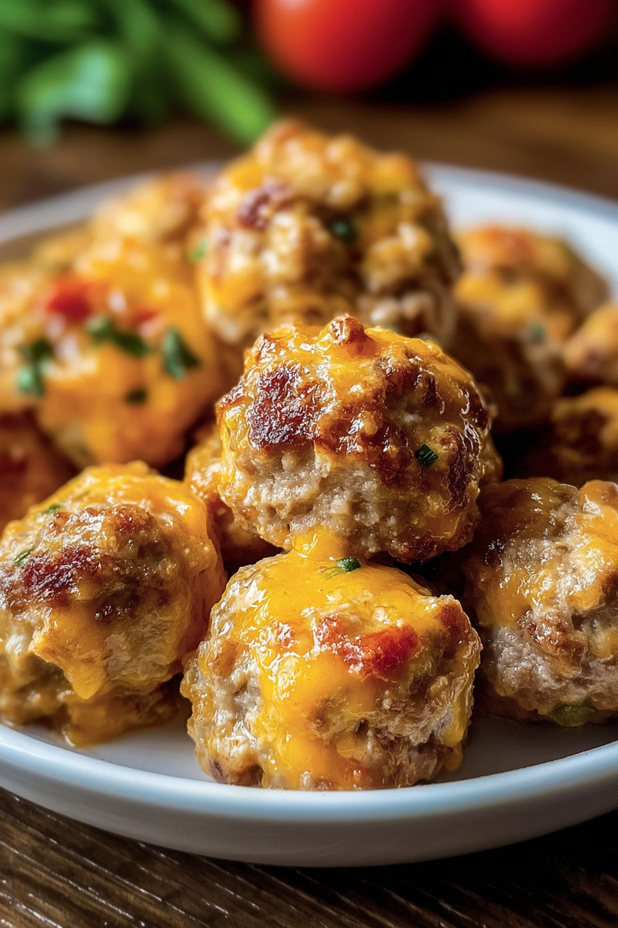 A plate of cheese and sausage balls.