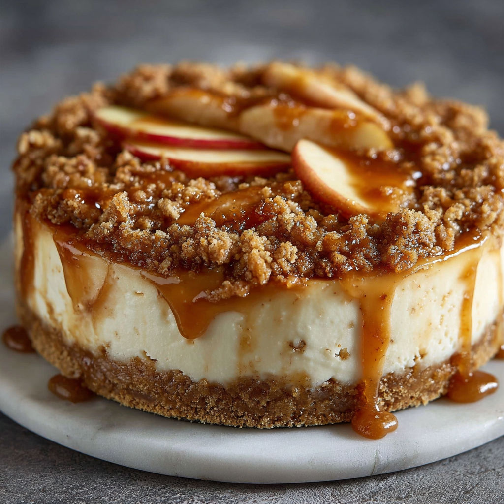 A slice of apple cheesecake with a cinnamon crumble topping.