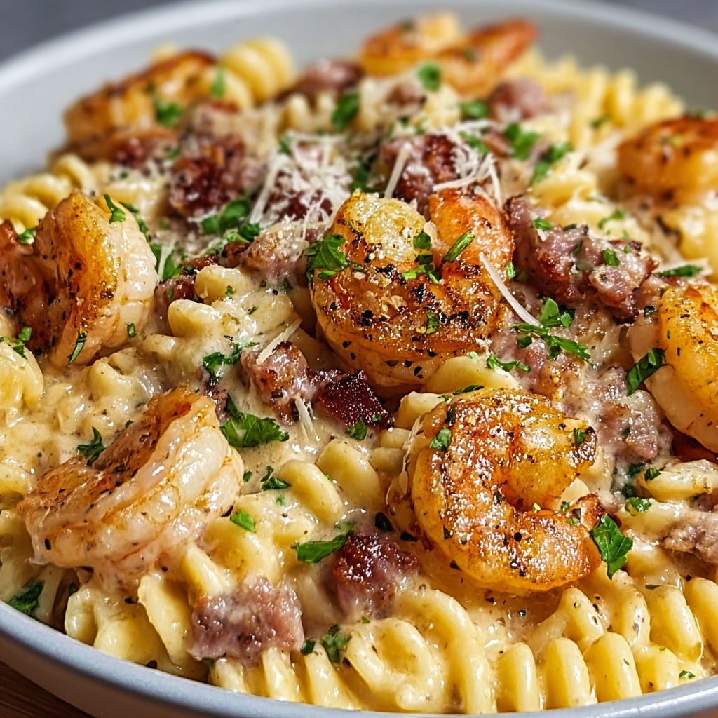 A bowl of pasta with shrimp, sausage, bacon, and cheese.