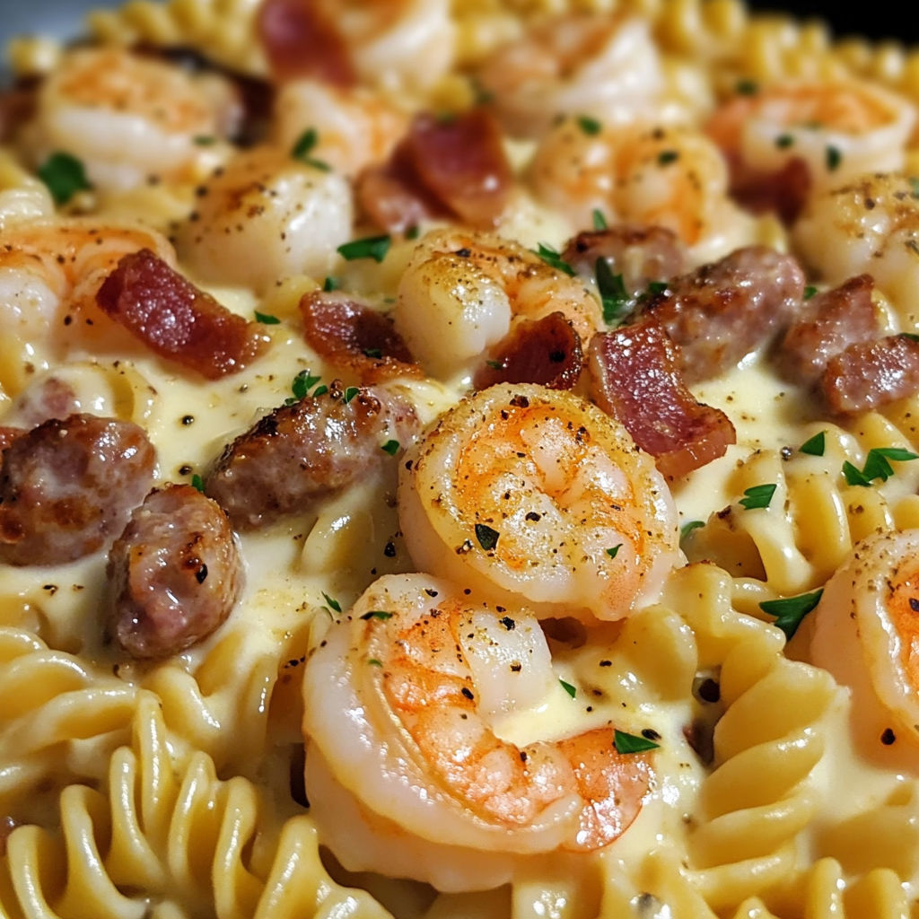 A close up of a dish with shrimp, sausage, bacon, and pasta.
