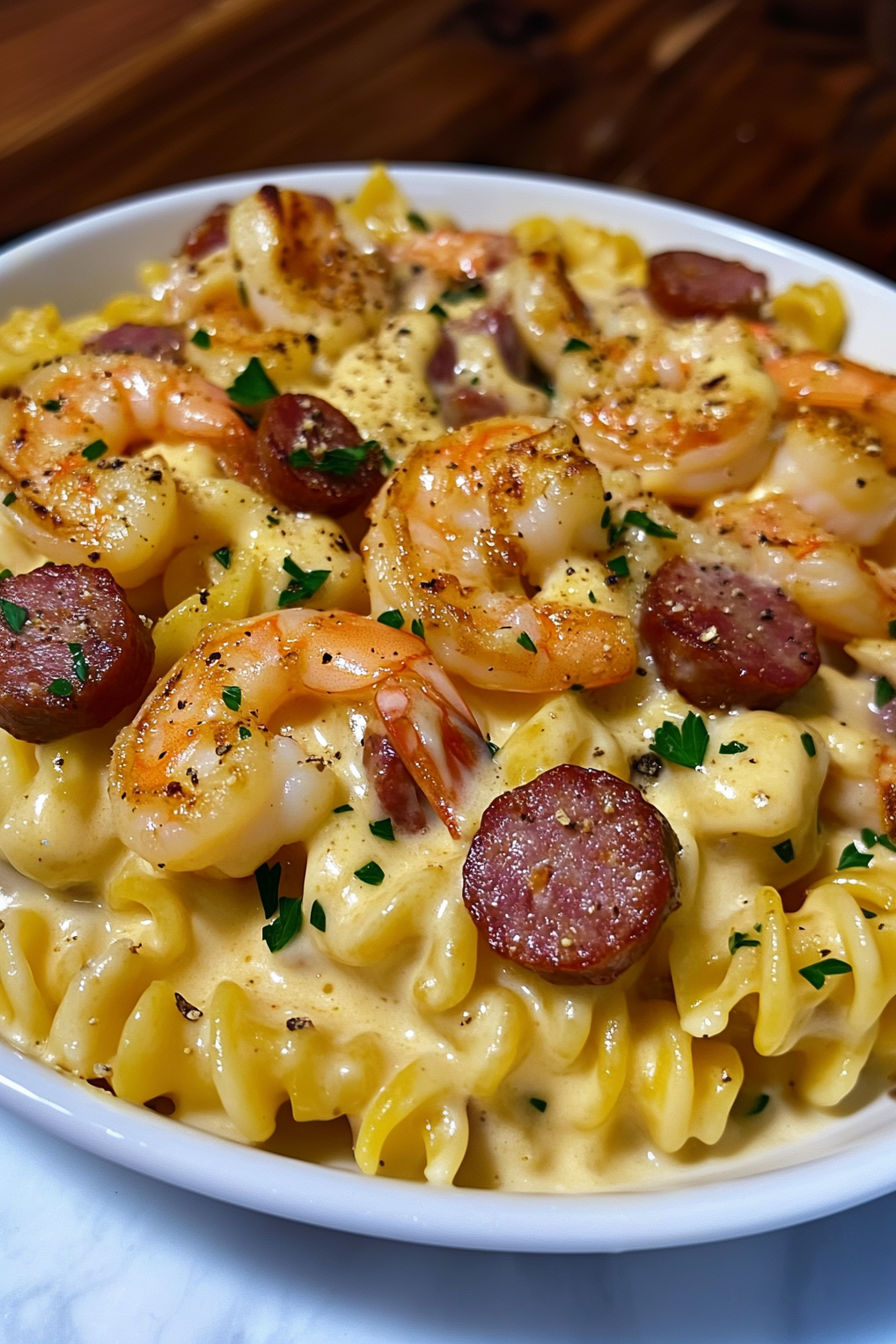 A bowl of pasta with shrimp, sausage, and bacon.