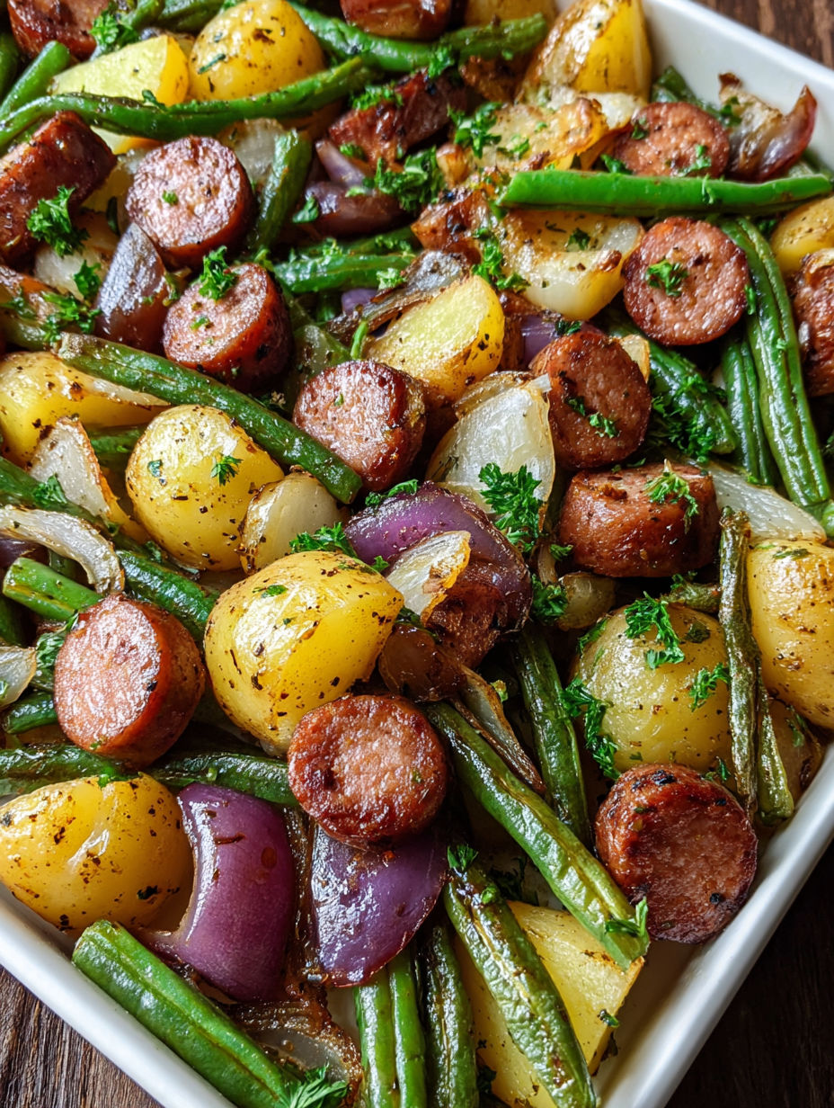 A plate of sausage and green beans.