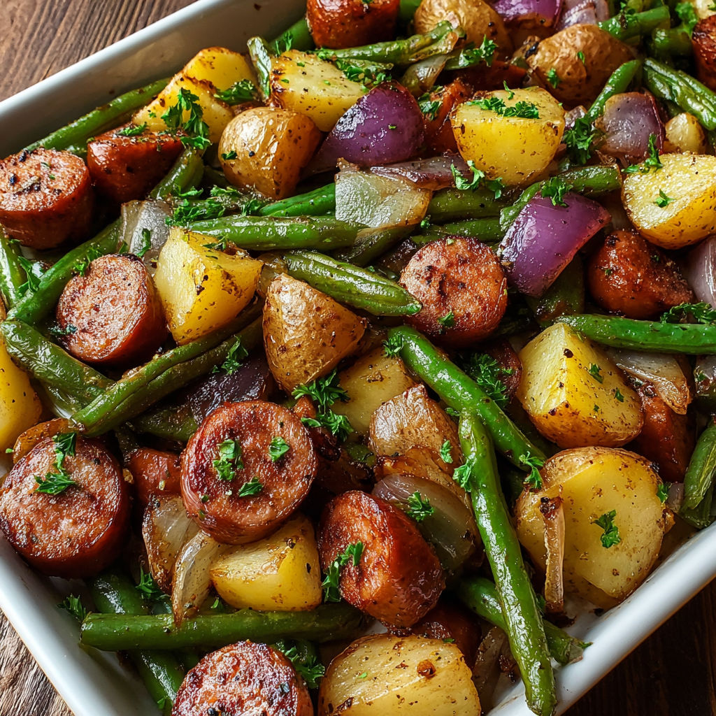 A dish of sausage, green beans, and potatoes.