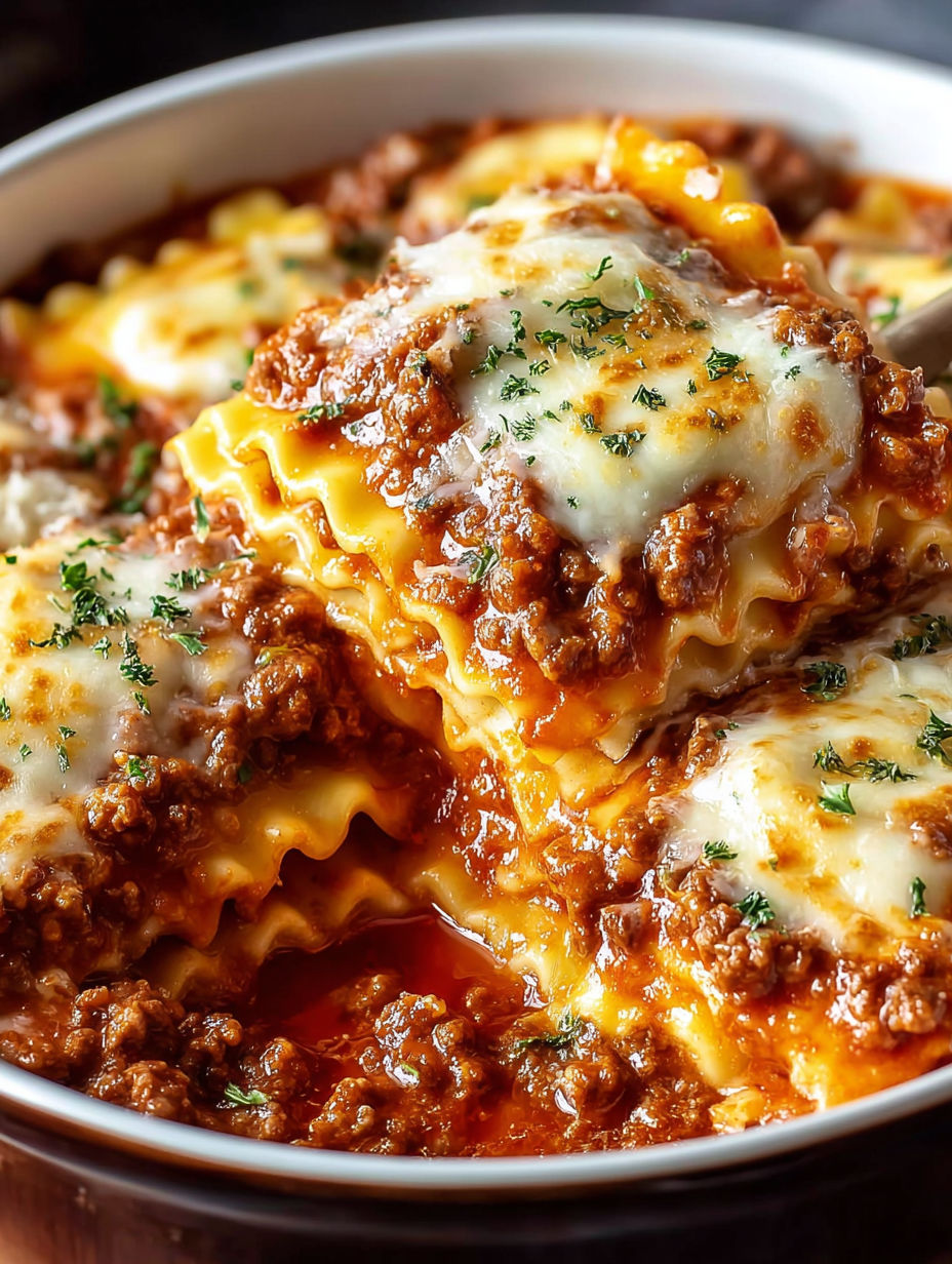 A plate of lasagna with meat and cheese.