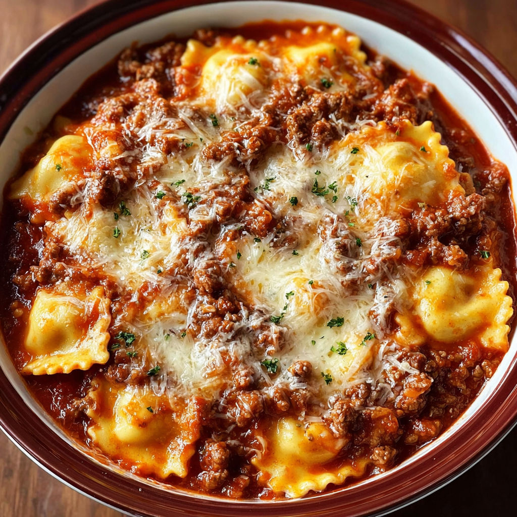A bowl of pasta with meat and cheese.