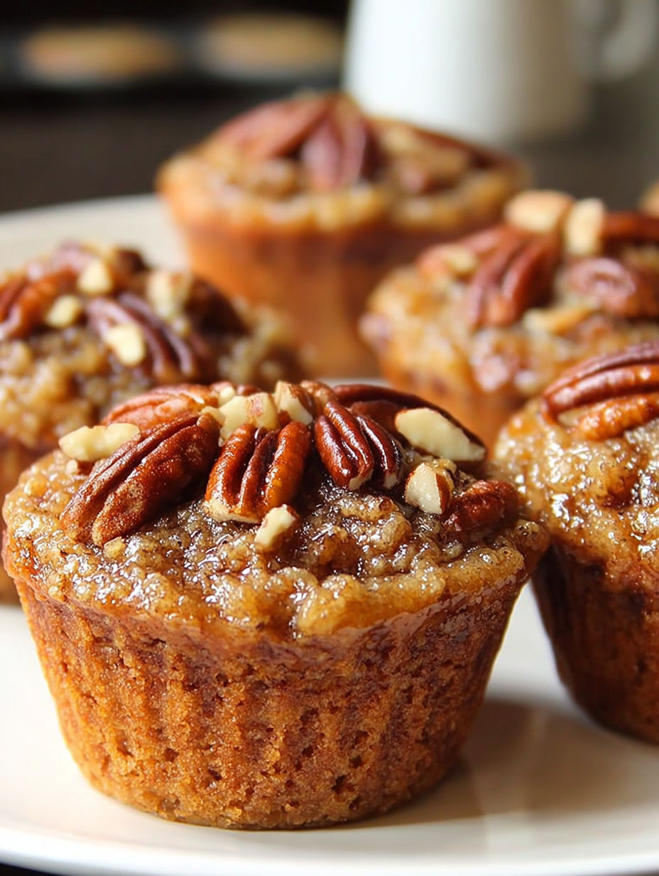 A plate of pecan pie muffins with brown sugar.