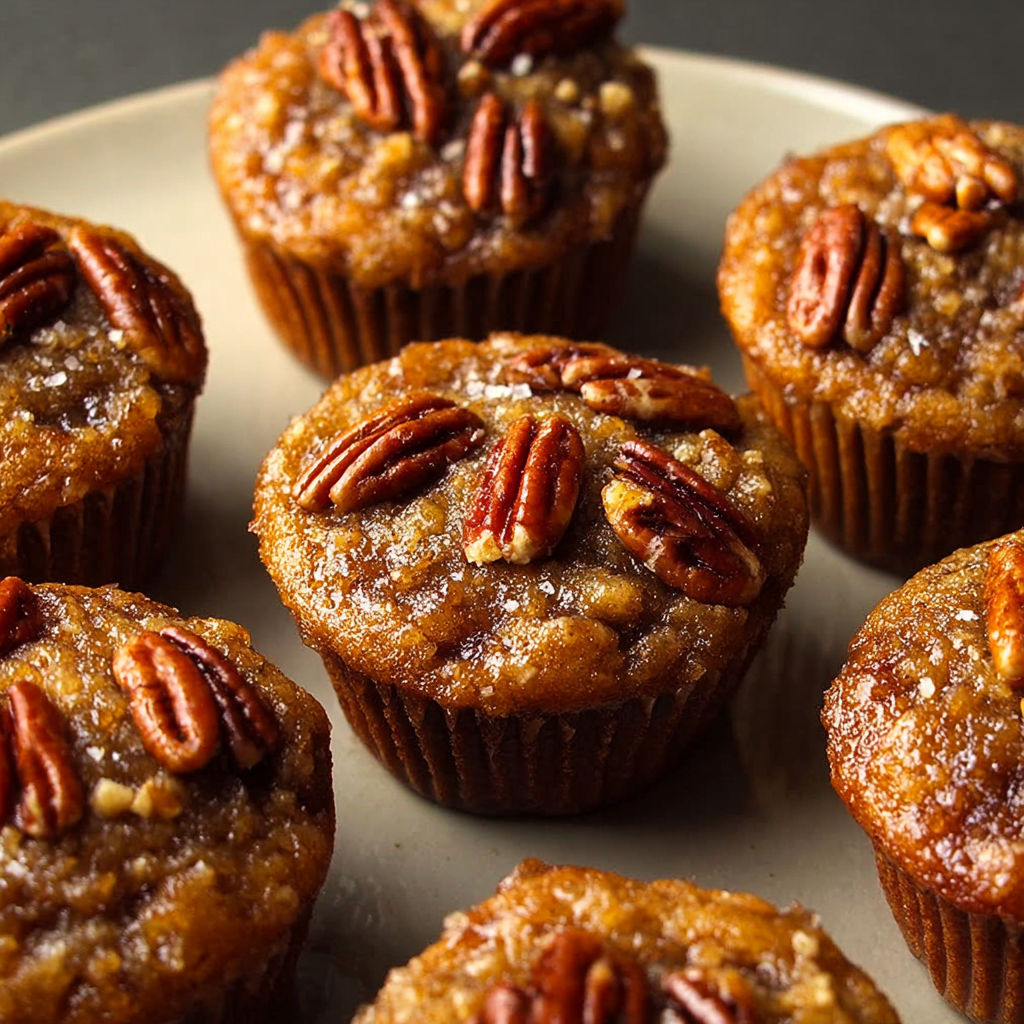 A plate of pecan pie muffins with brown sugar.