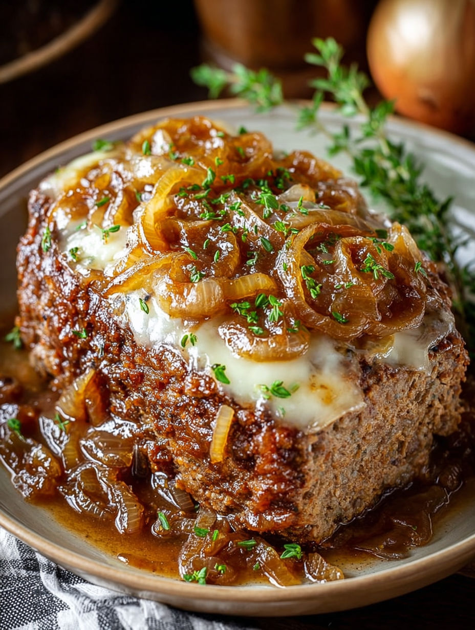 A close up of a crockpot French onion beefloaf.