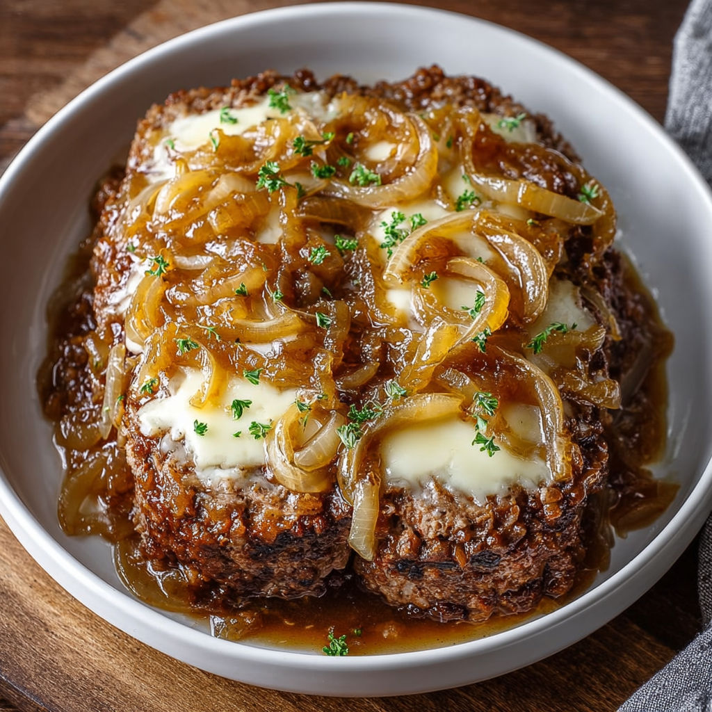 A white plate with a crockpot French onion beefloaf.