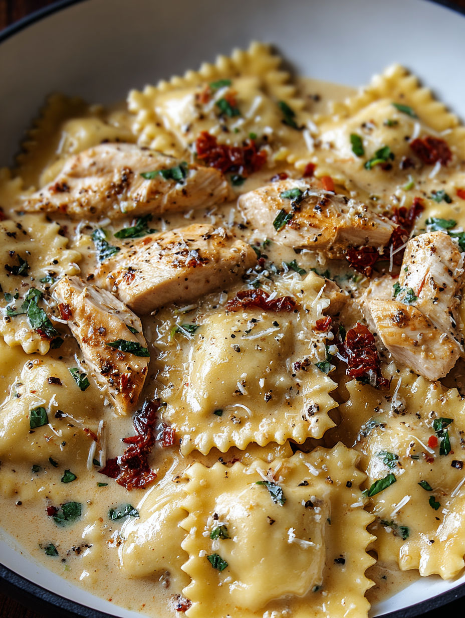A plate of pasta with chicken and sun dried tomatoes.