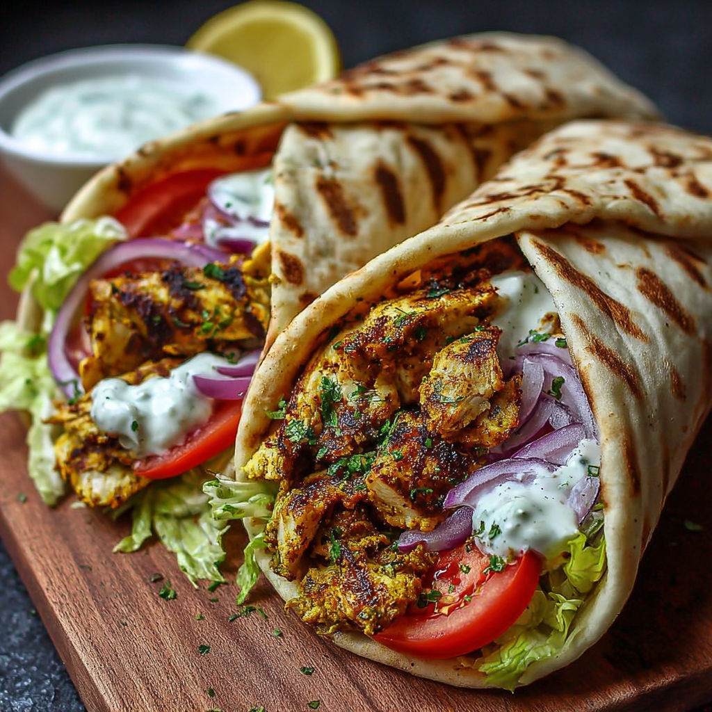 A chicken shawarma grilled wrap with lettuce, tomato, onion, and yogurt.