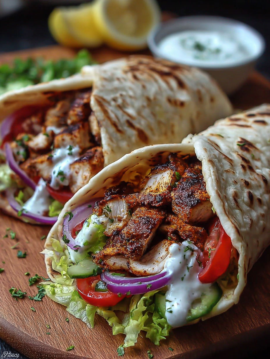 A chicken shawarma wrap with lettuce and tomatoes.