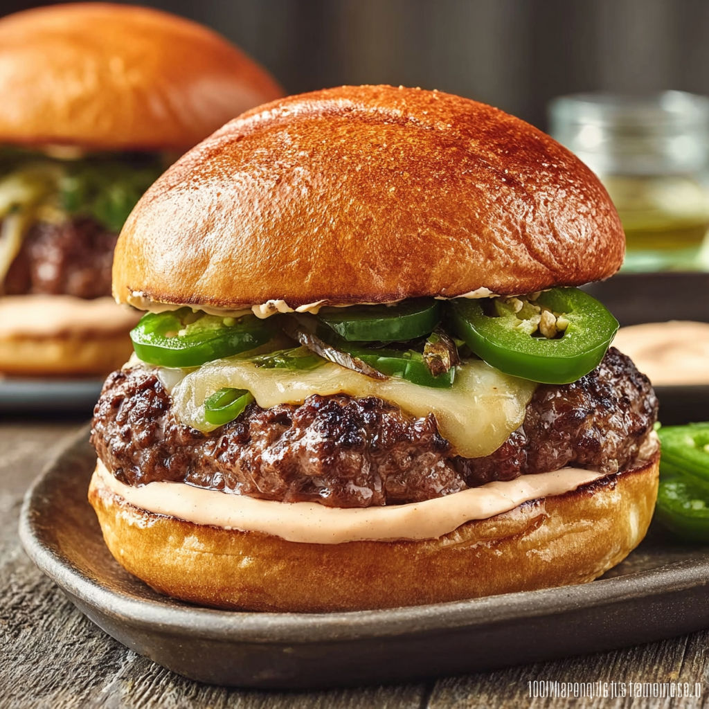 A burger with jalapenos and onions.