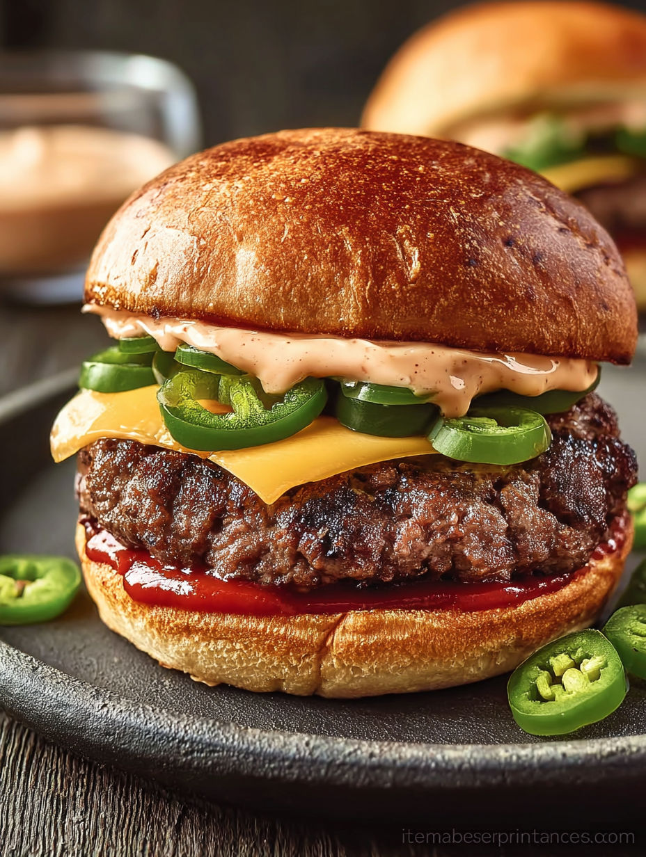A burger with jalapenos and onions on top.