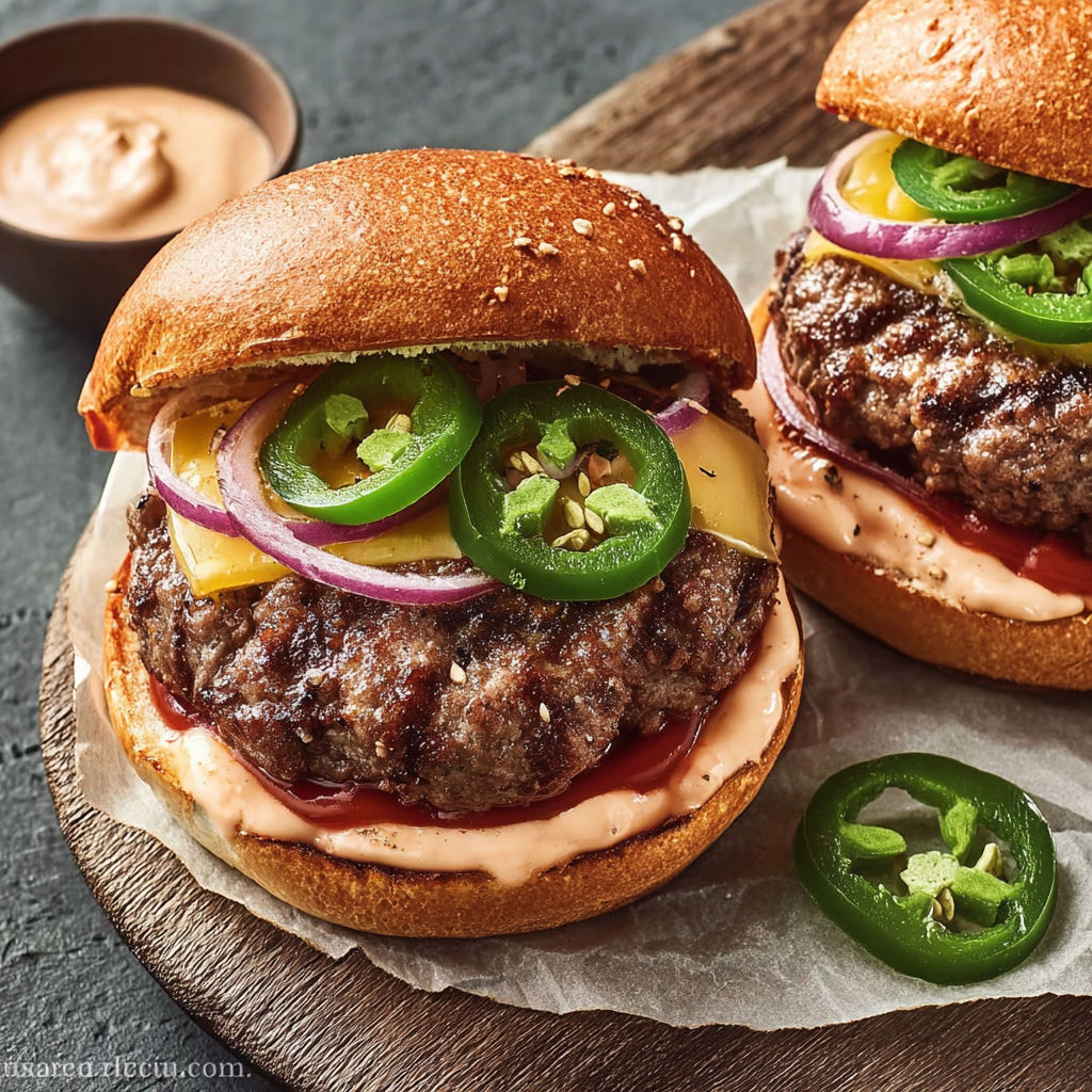 Two burgers with jalapenos and onions on top.