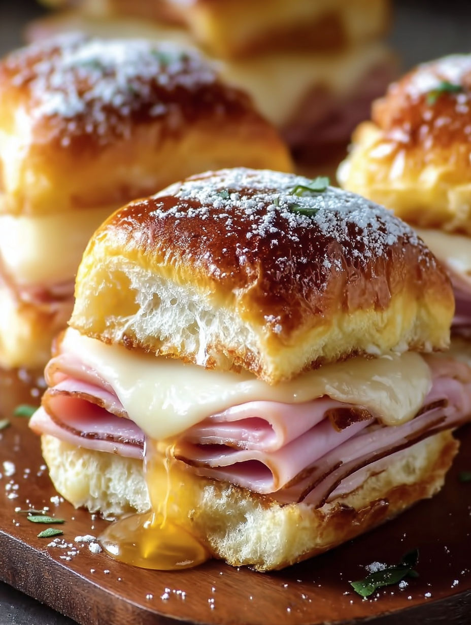 Monte Cristo Ham Sliders with cheese and powdered sugar.