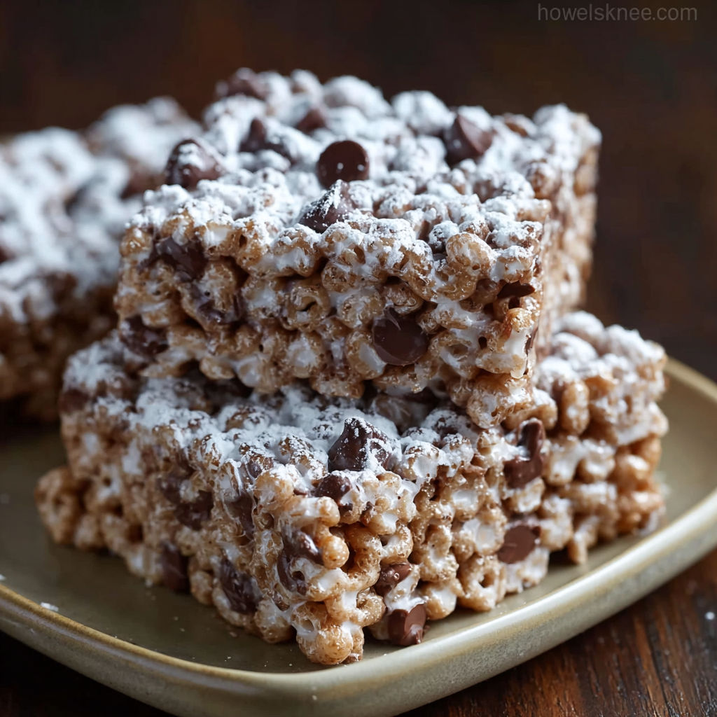 A plate of rice krispies with chocolate chips.