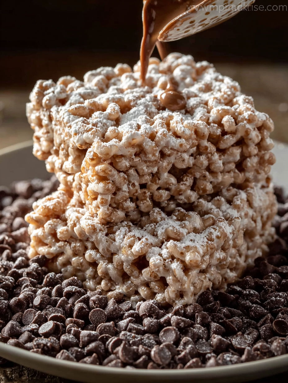 A stack of Rice Krispies with chocolate chips on top.