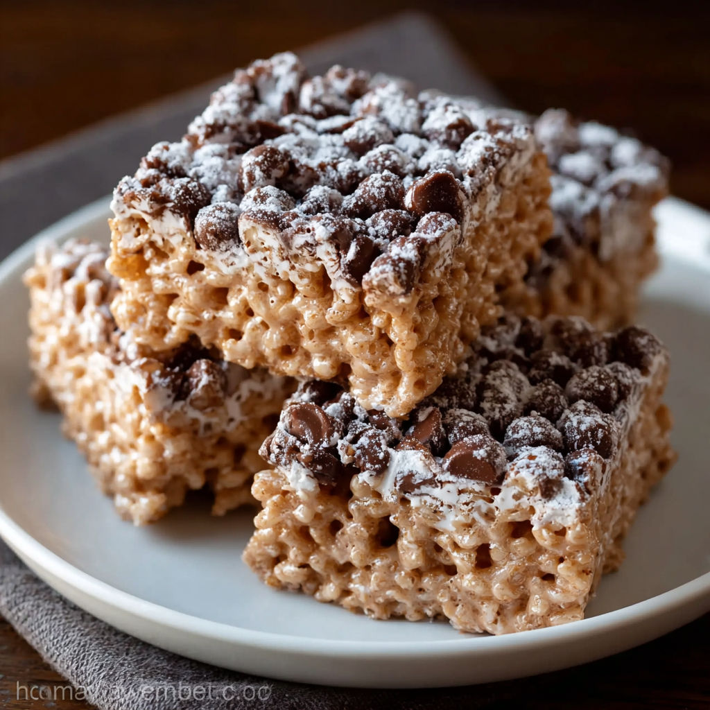 A plate of rice krispies with chocolate chips.
