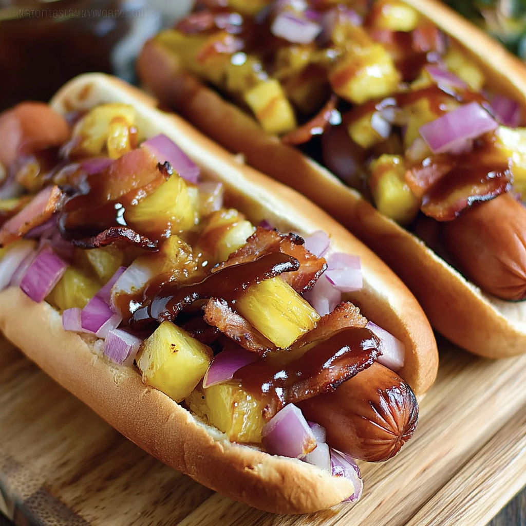 Two Hawaiian hot dogs with pineapple and bacon.