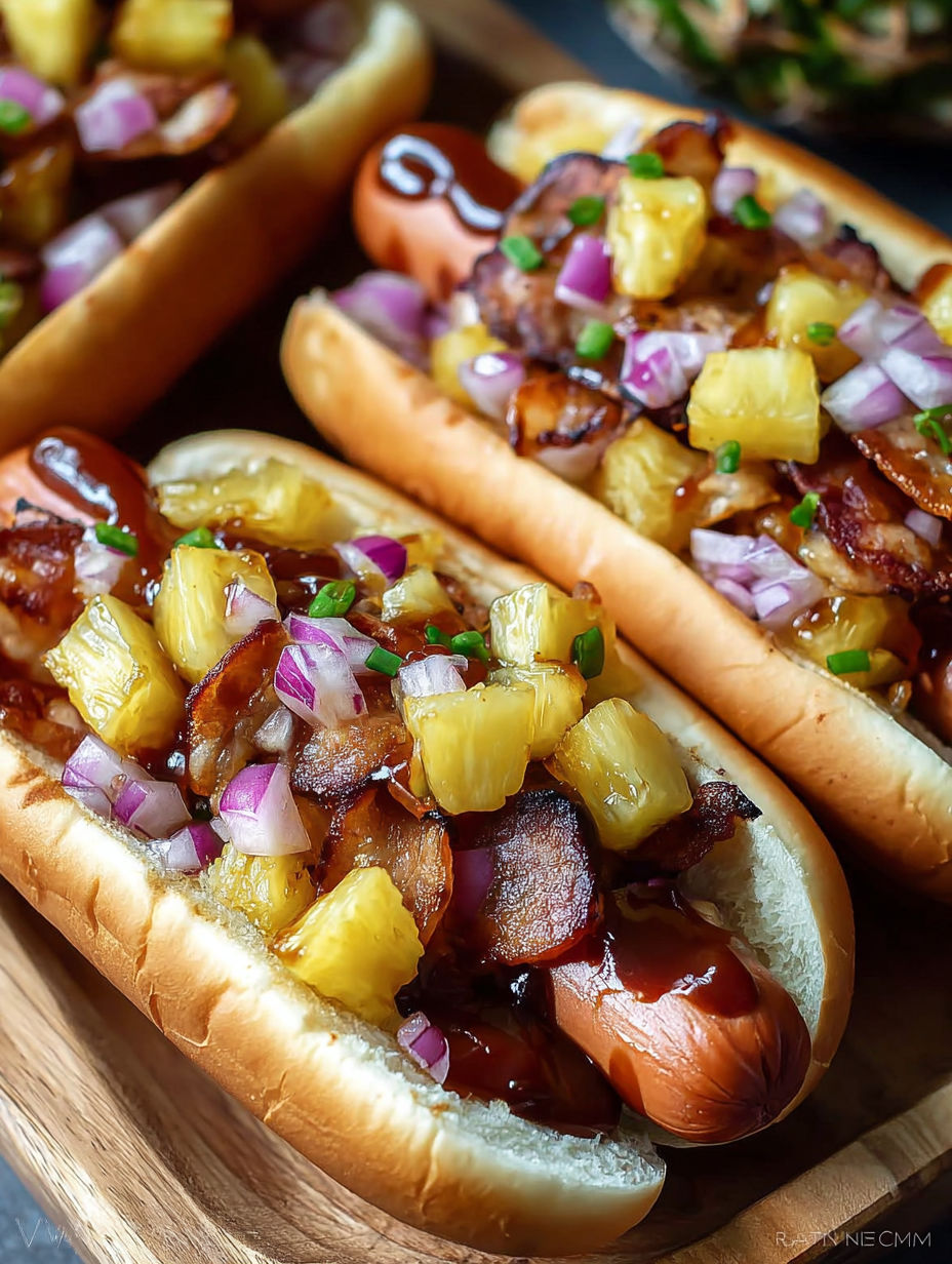 Two Hawaiian hot dogs with pineapple and bacon.