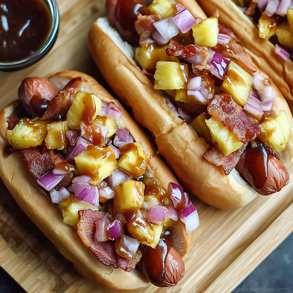 Two hot dogs with pineapple and onions.