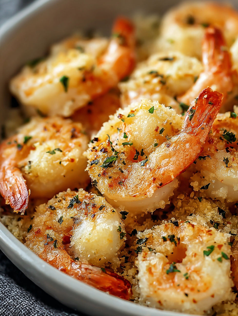 A bowl of garlic Parmesan baked shrimp.