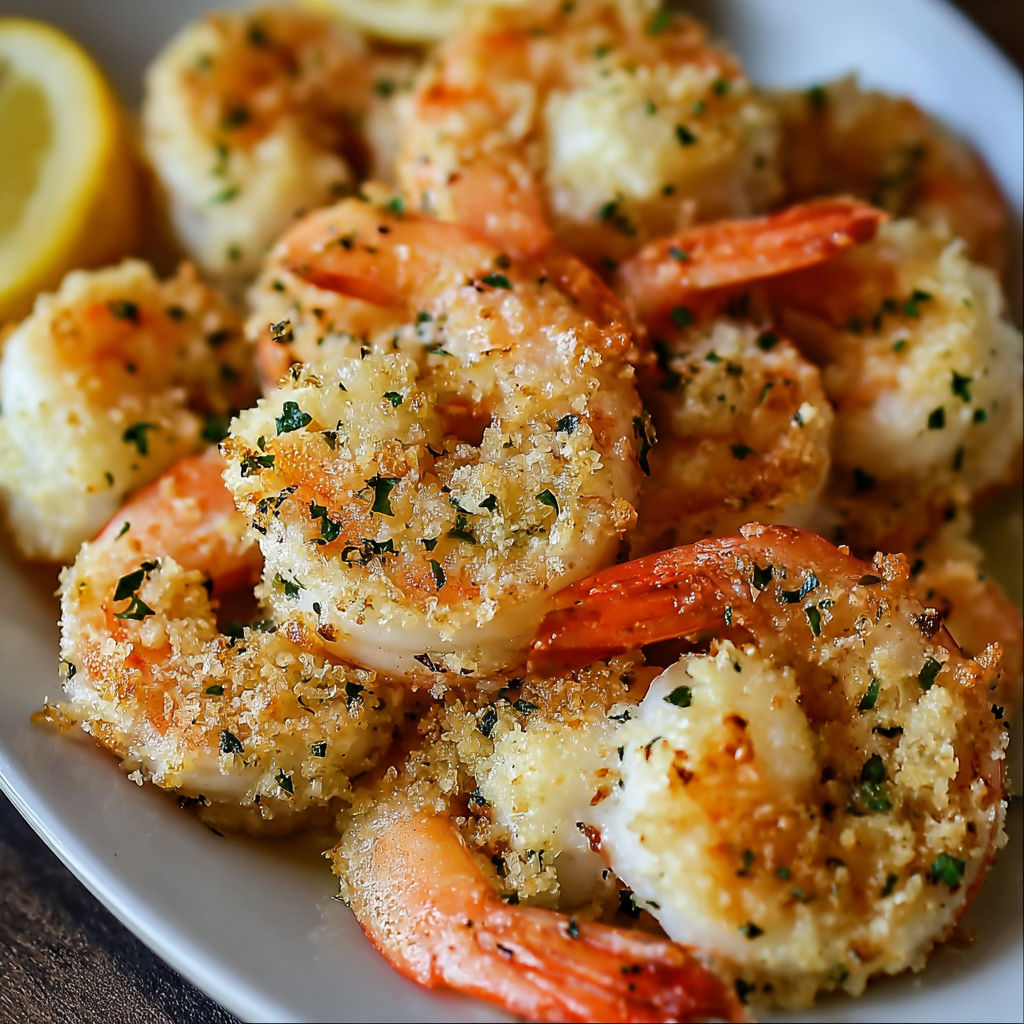 A plate of garlic Parmesan baked shrimp.