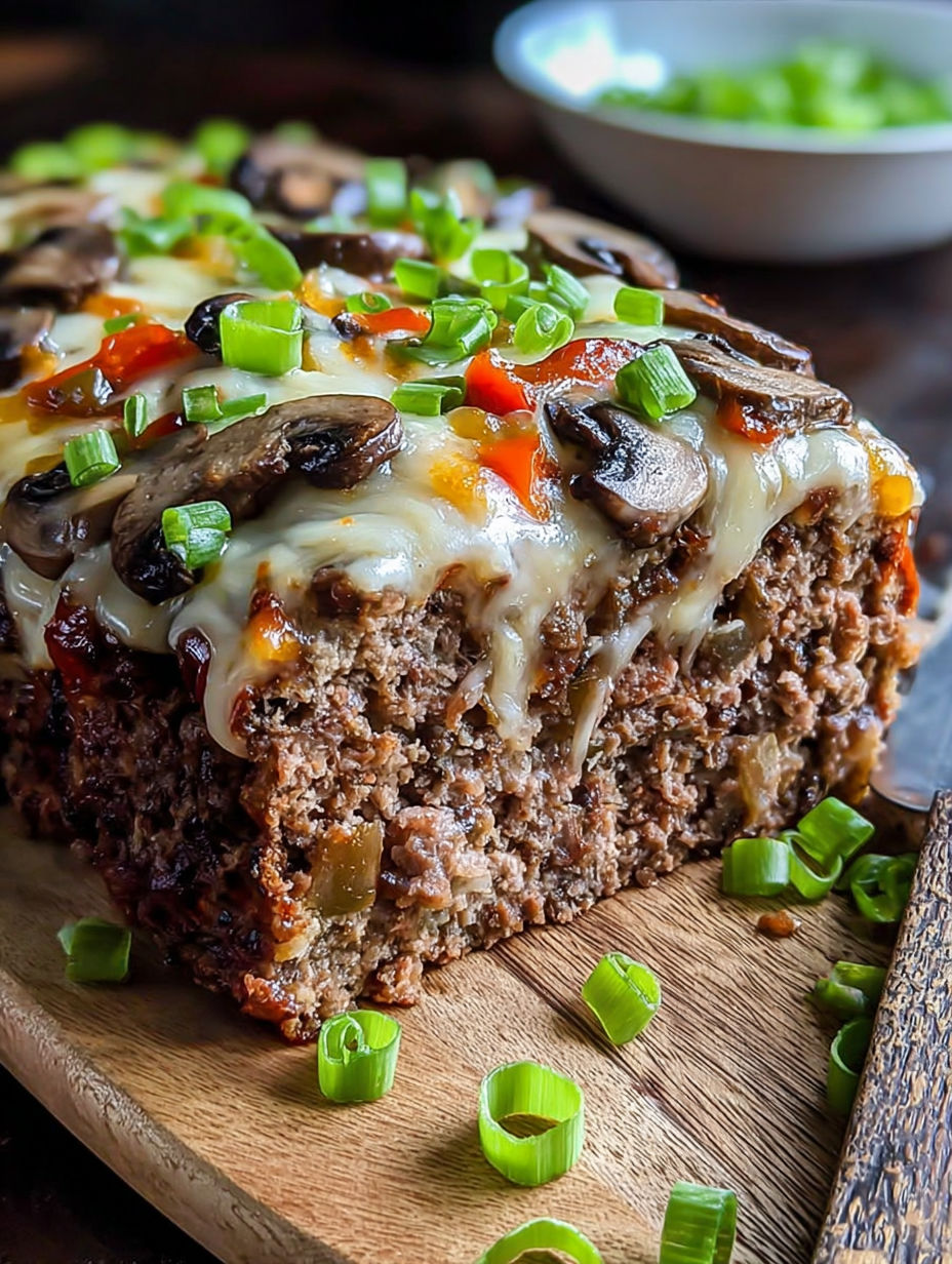 A slice of cheesesteak meatloaf with mushrooms and peppers.