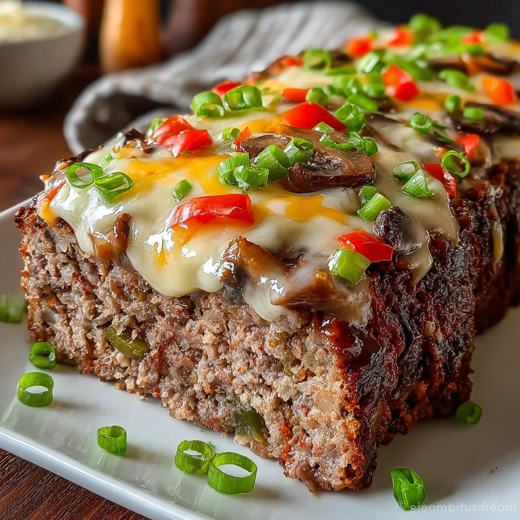 A cheesesteak meatloaf on a plate.