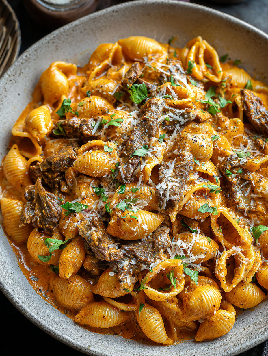 A bowl of creamy paprika steak shells.
