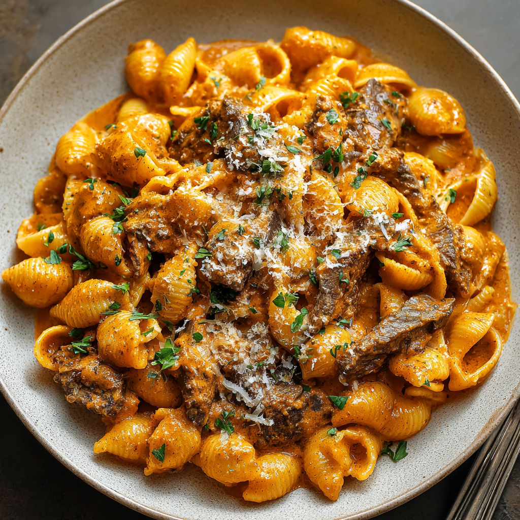 A plate of pasta with meat and cheese.