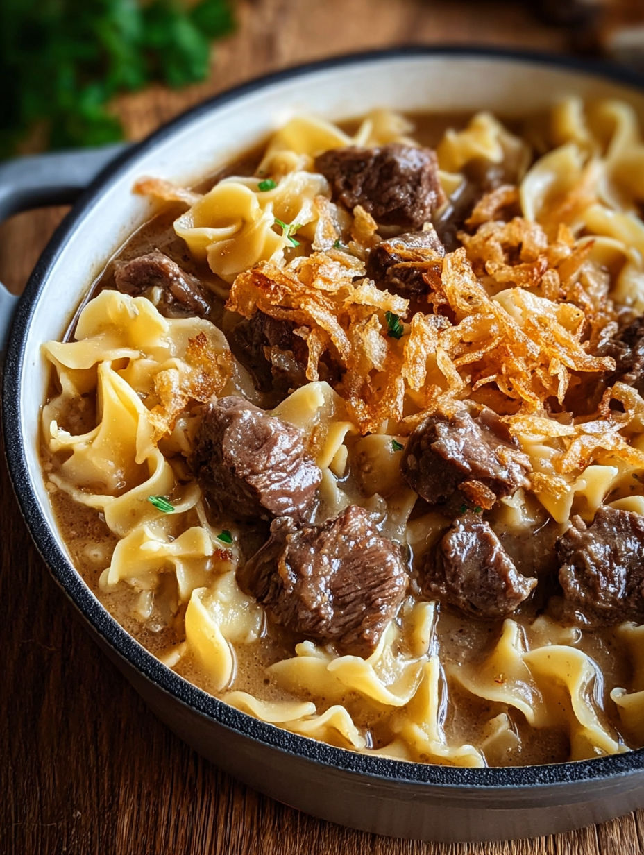 A bowl of beef and noodles with french onions.