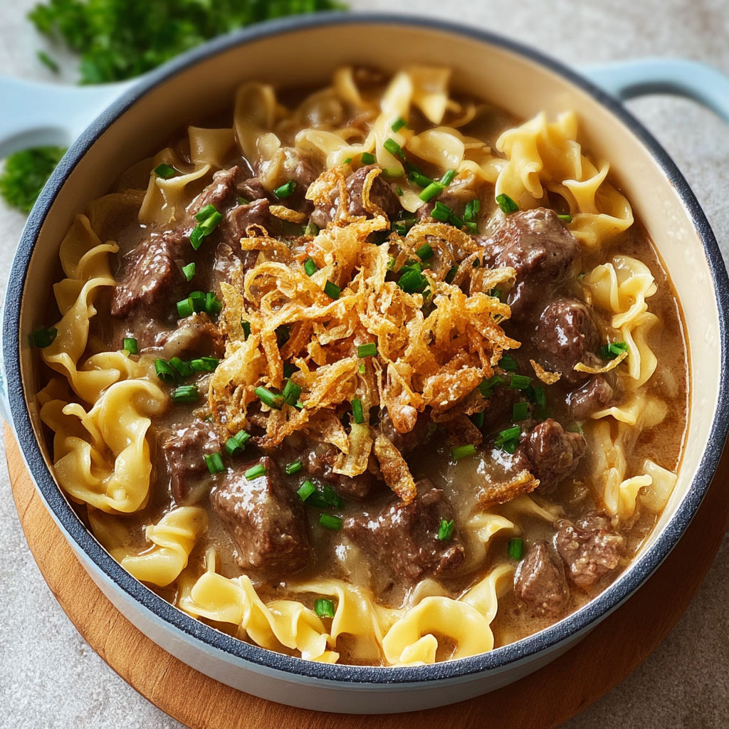 A bowl of beef and noodles with a green garnish.