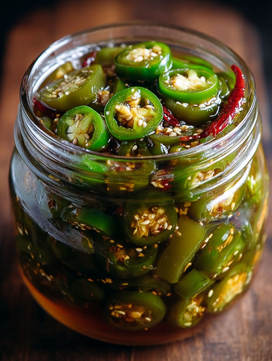 A jar of cowboy candy candied jalapenos.