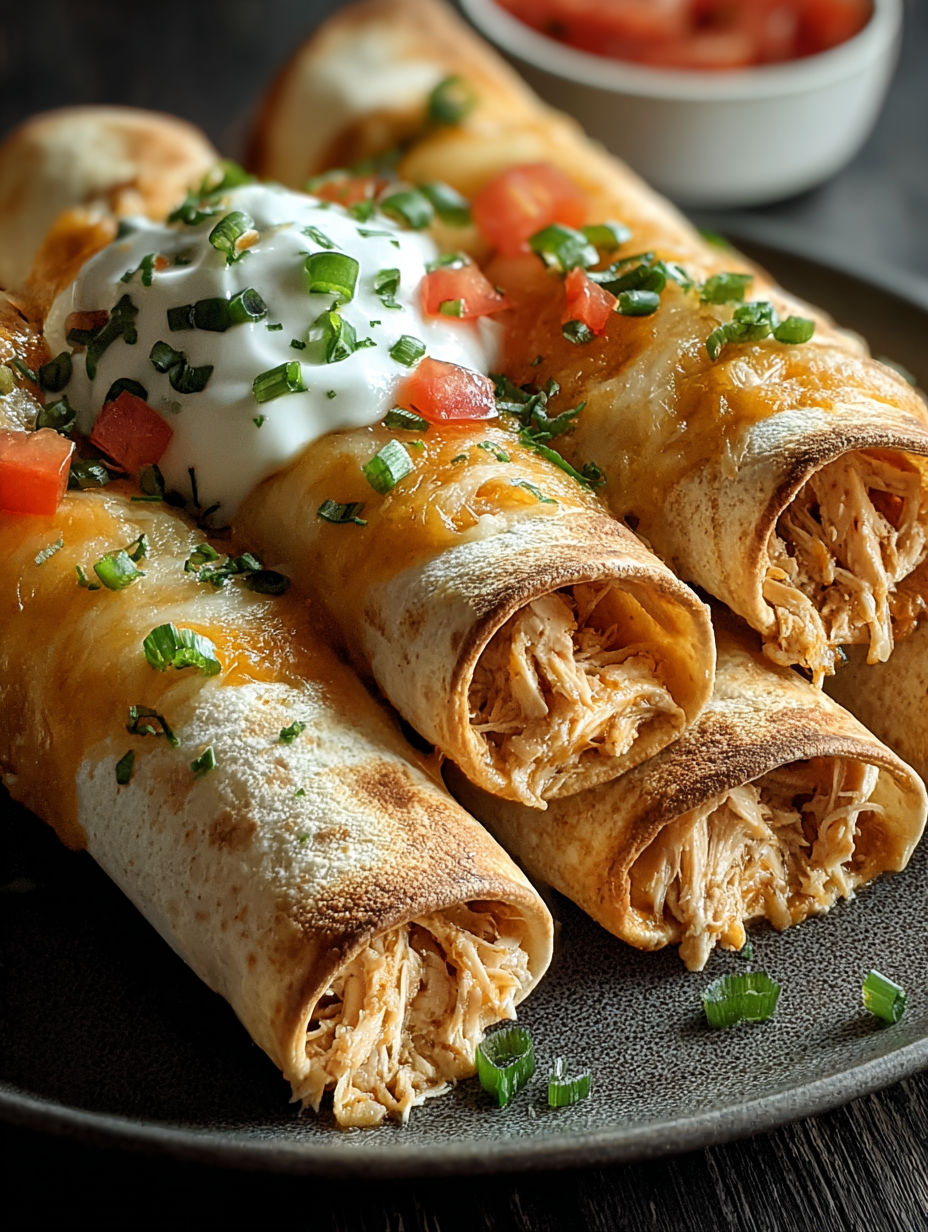 A plate of baked cream cheese chicken taquitos.