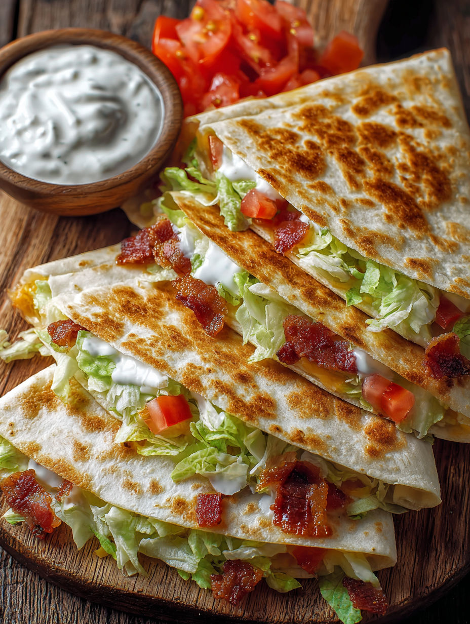 A cheesy bacon ranch quesadilla with lettuce and tomatoes.