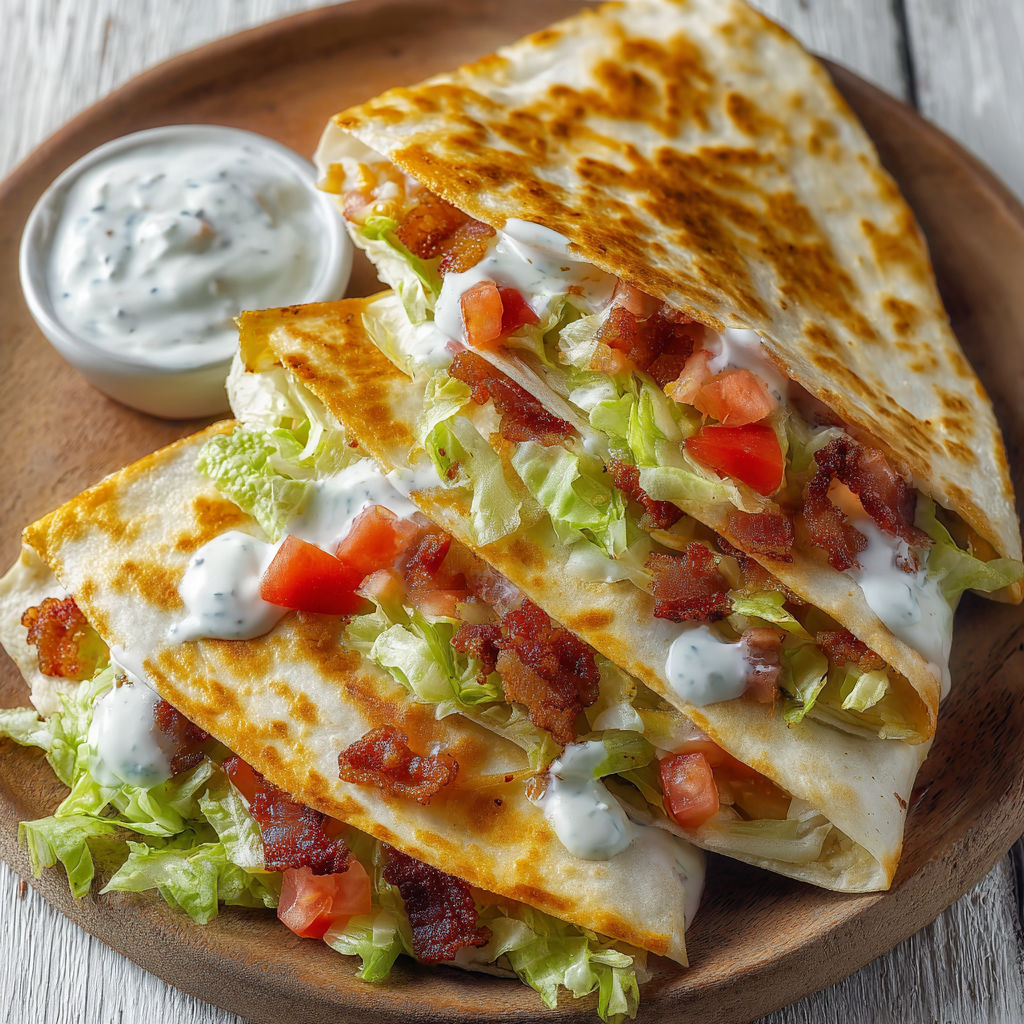 A cheesy bacon ranch quesadilla on a plate.