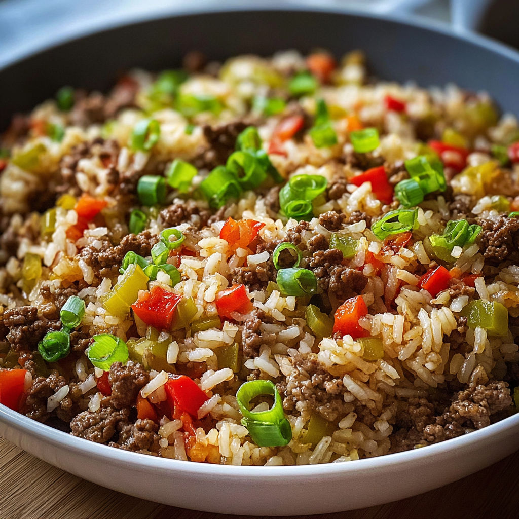 A plate of beef dirty rice.