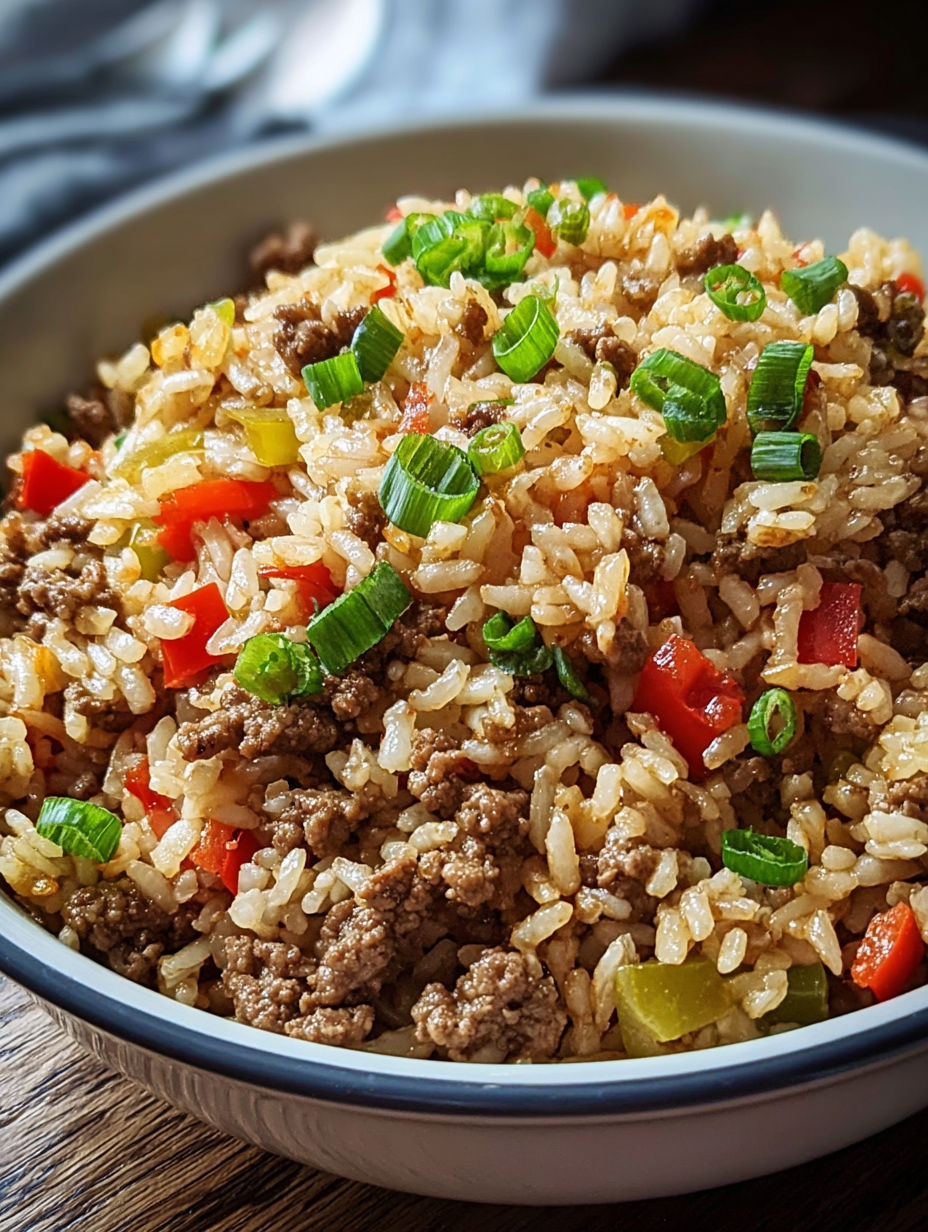 A bowl of beef dirty rice.