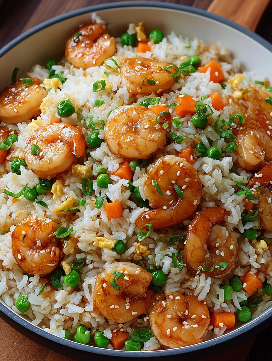 A bowl of shrimp fried rice with peas and carrots.