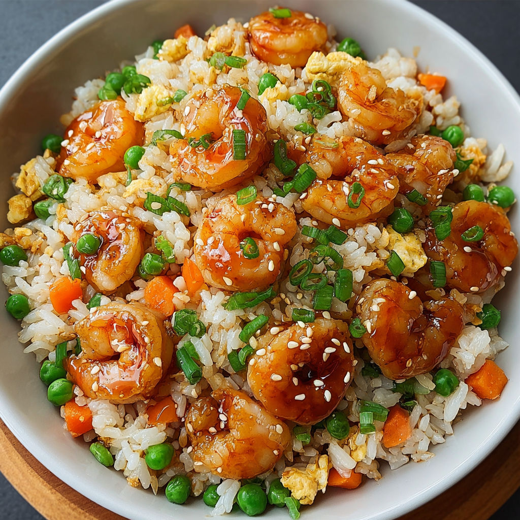 A bowl of shrimp fried rice with peas and carrots.