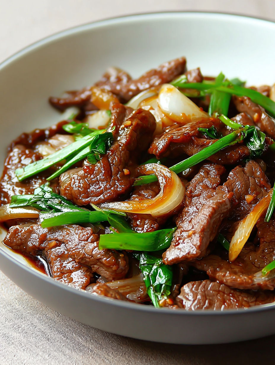 A bowl of beef and onions.