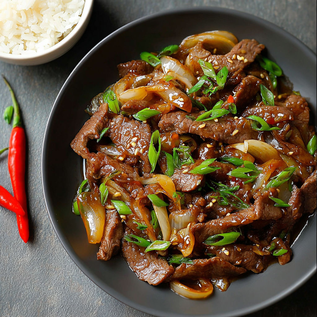 A bowl of beef stir fry with onions and oyster sauce.