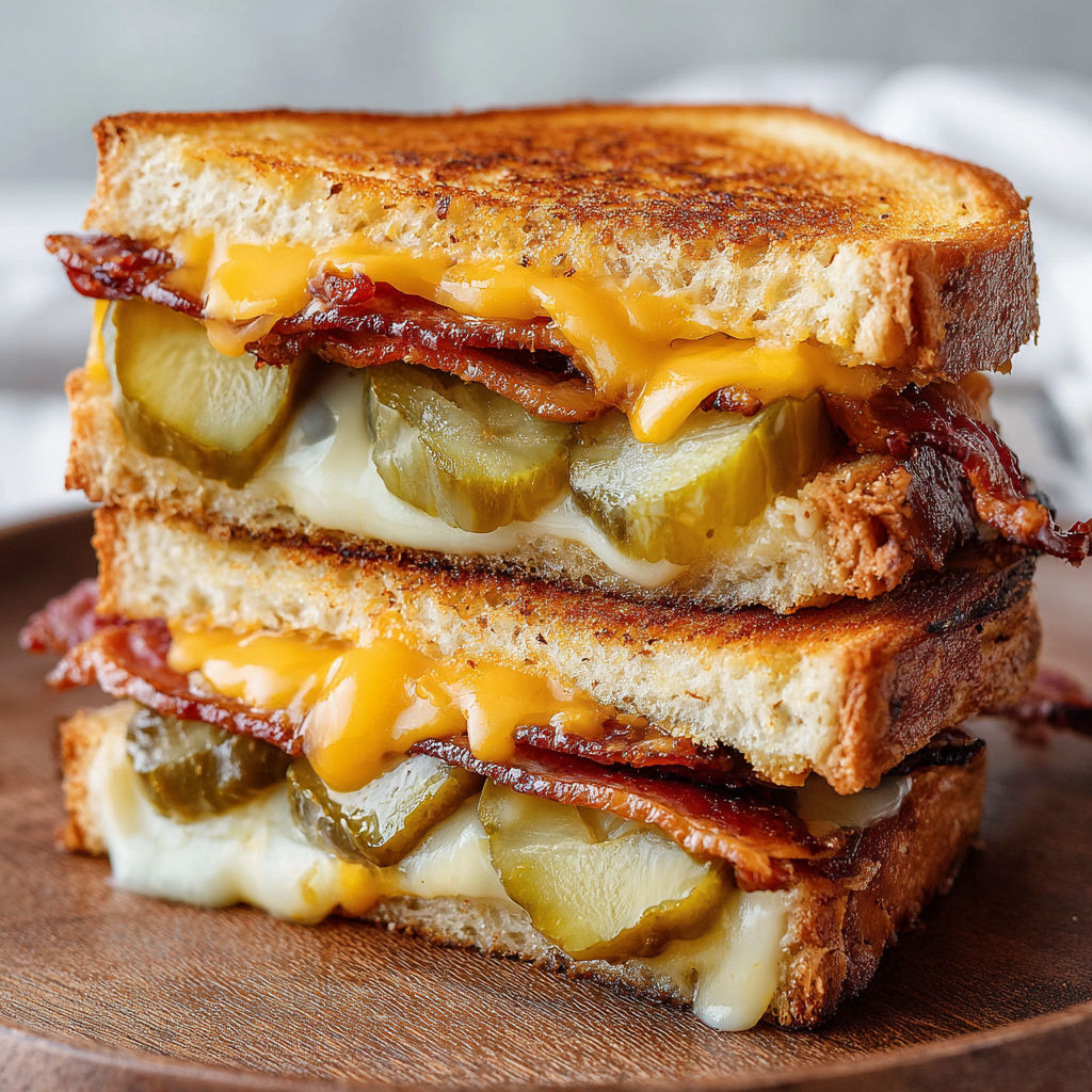 A grilled cheese sandwich with pickles and bacon.