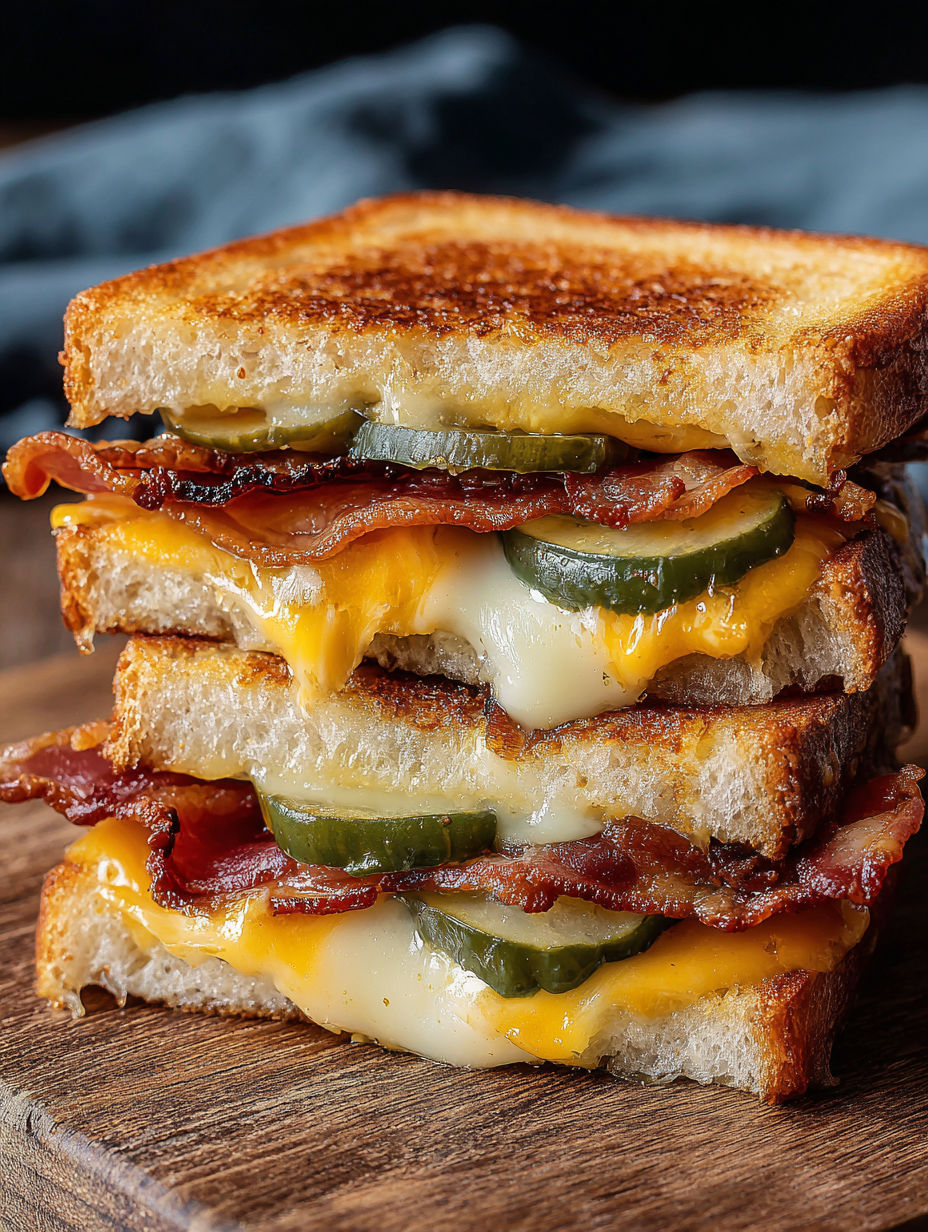 A stack of grilled cheese sandwiches with pickles and bacon.