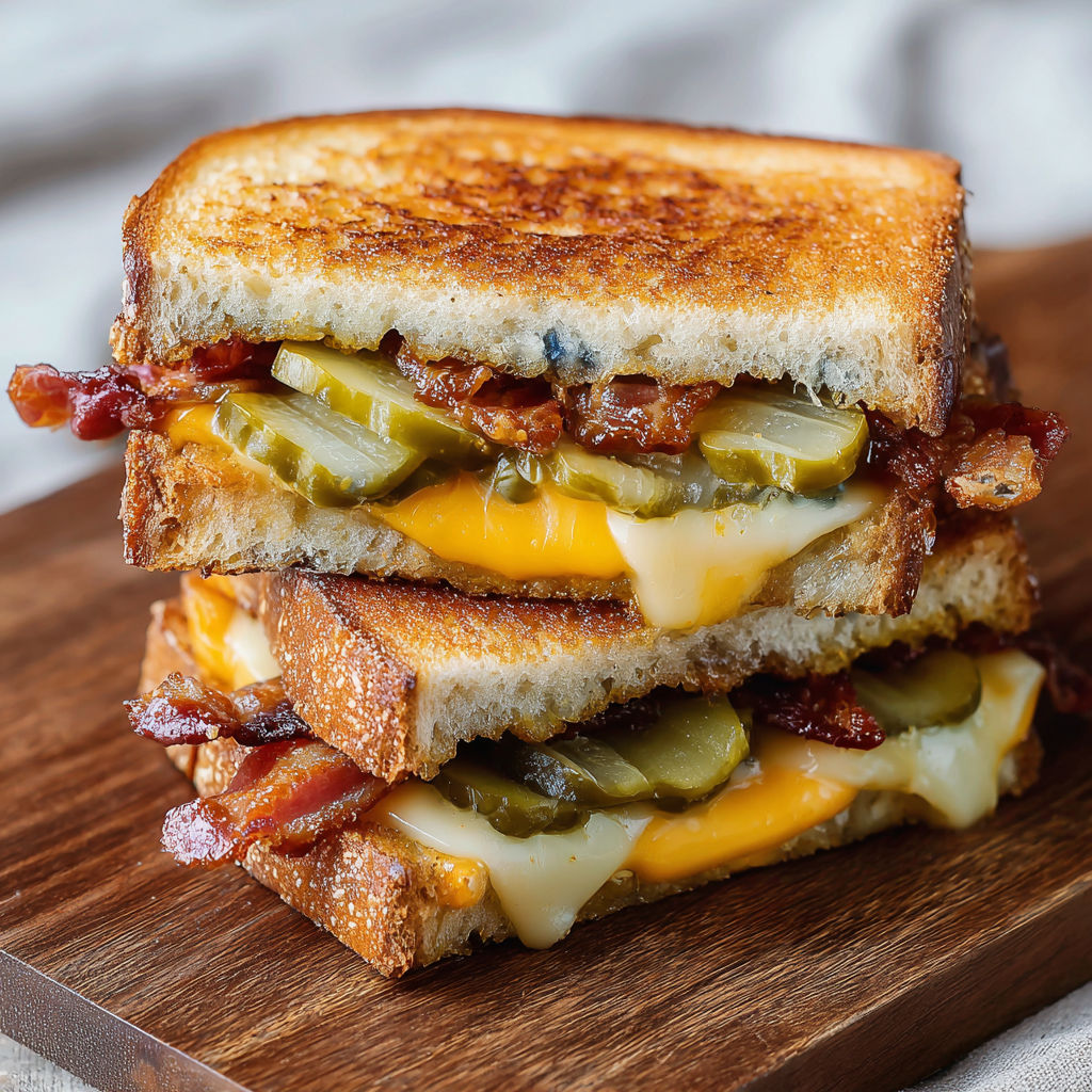 A grilled cheese sandwich with pickles and bacon.