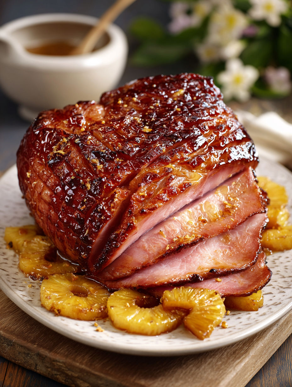 A glazed ham with pineapple and brown sugar.