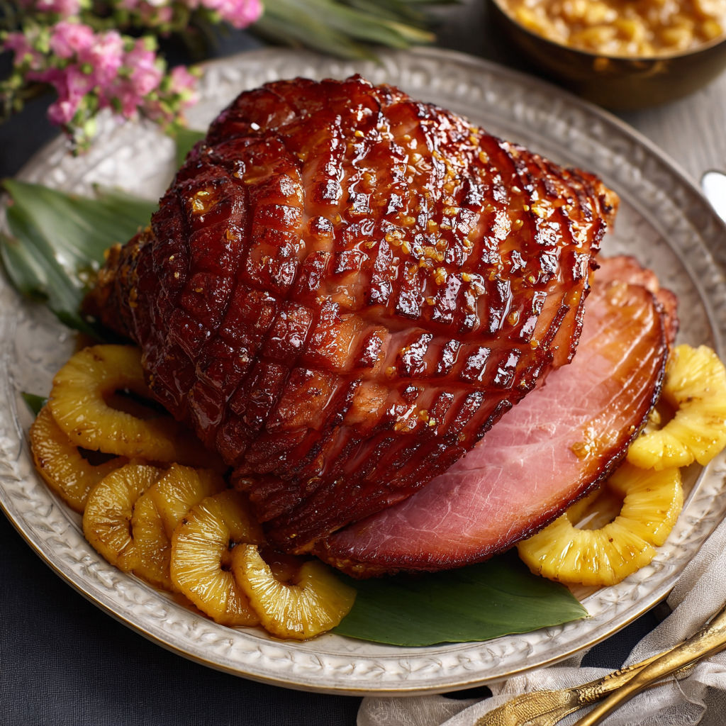 A glazed ham with pineapple and brown sugar.